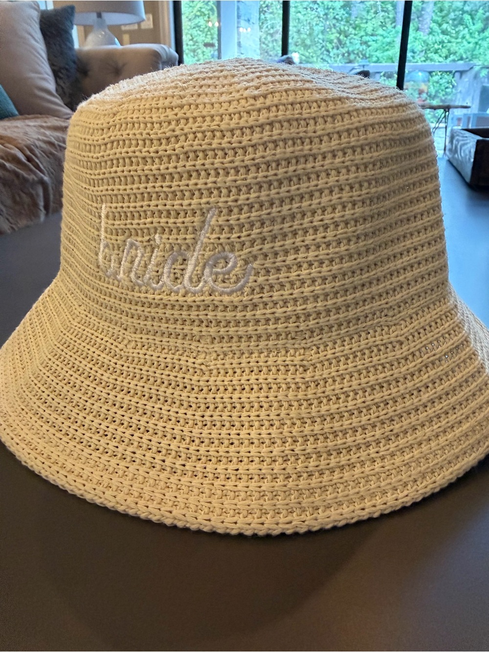 BRIDE Embroidered Crochet Bucket Hat - Cream